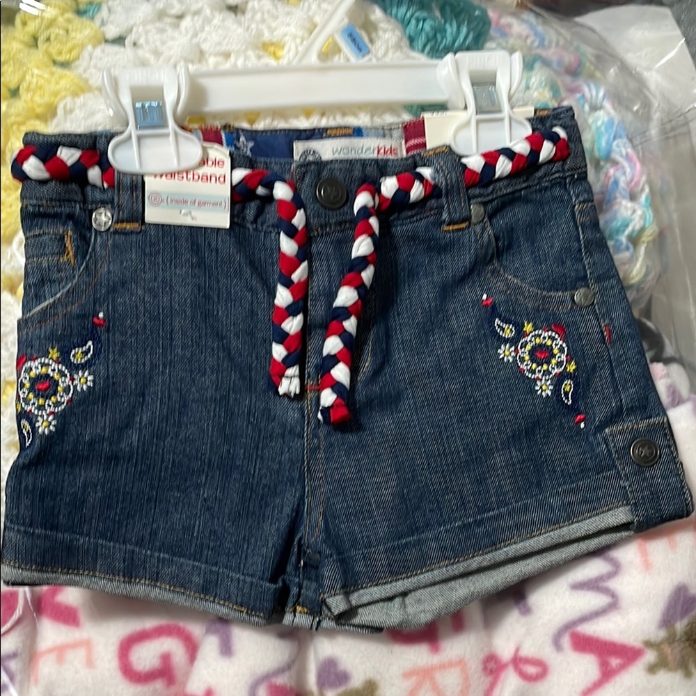 Kids Denim Shorts with Embroidered Design and Braided Belt